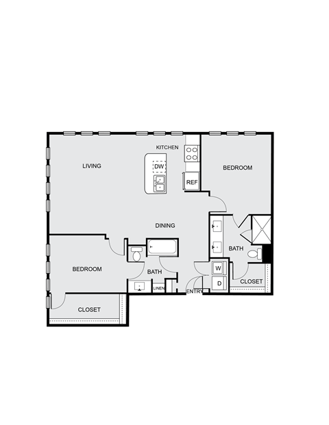 Floor plan for 2 beds, 2 baths, 1291 sqft